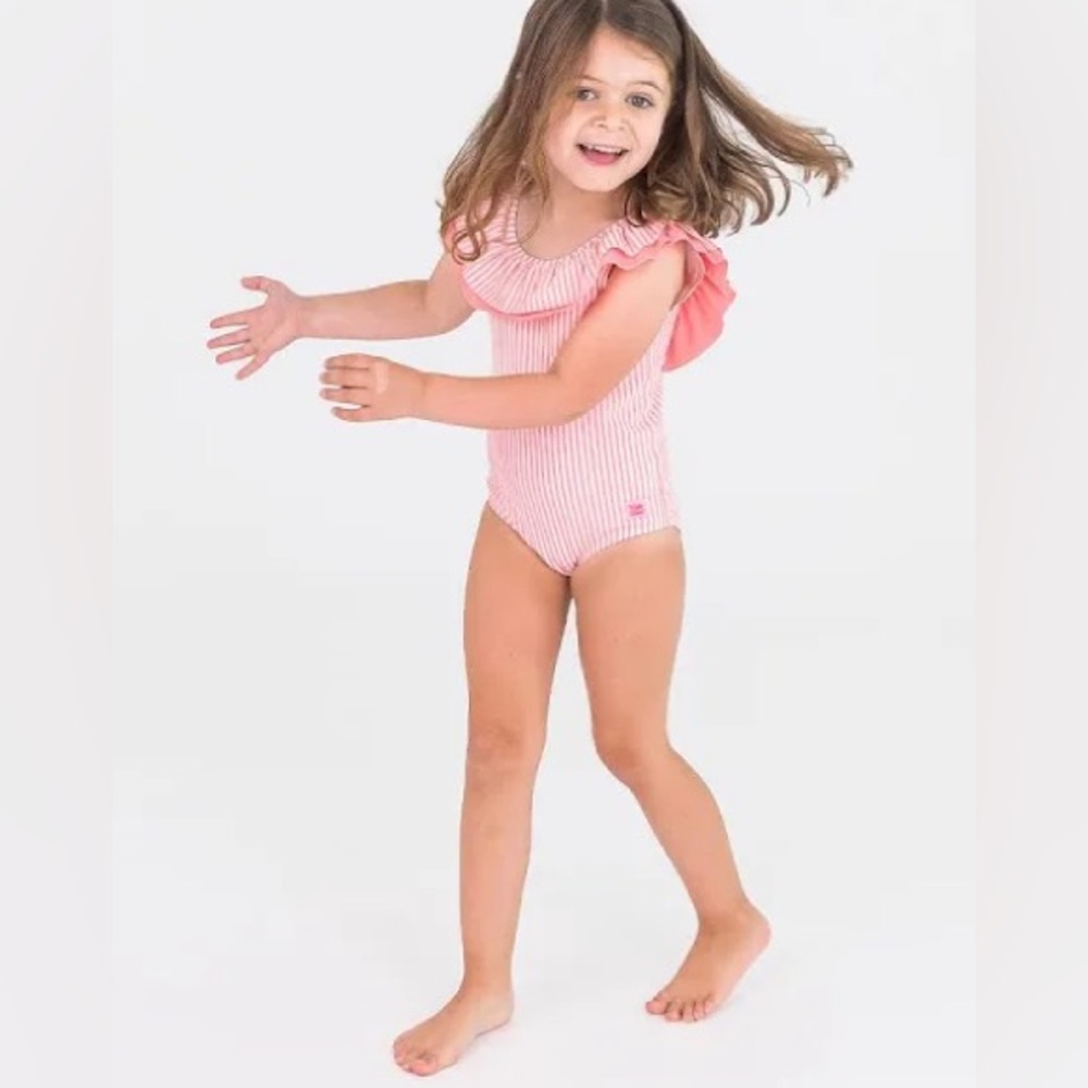 Seersucker Girls Pink and White Striped Ruffle One-Piece Swimsuit 10